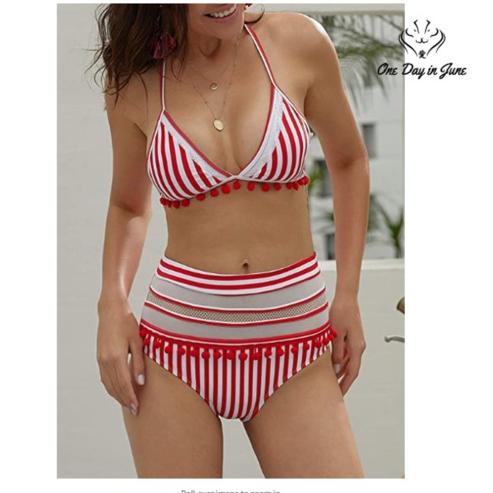 Bdcoco High Waist Padded Stripe Tassel Bikini